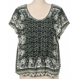 Boho Paisley Border Print Top Green Navy Modal Cotton Relaxed Cottagecore